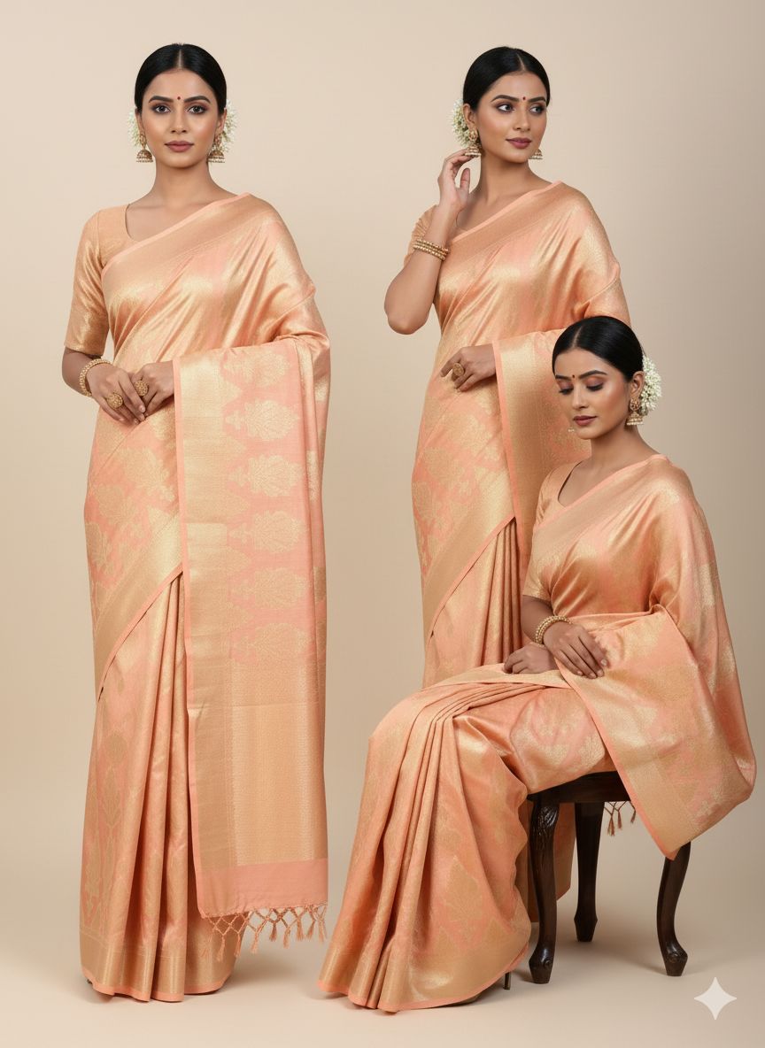 Dibal Tissue Silk Saree Light Coral/Salmon Peach Colour