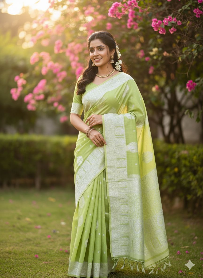 Banarasi Cotton Saree Lime Green Colour