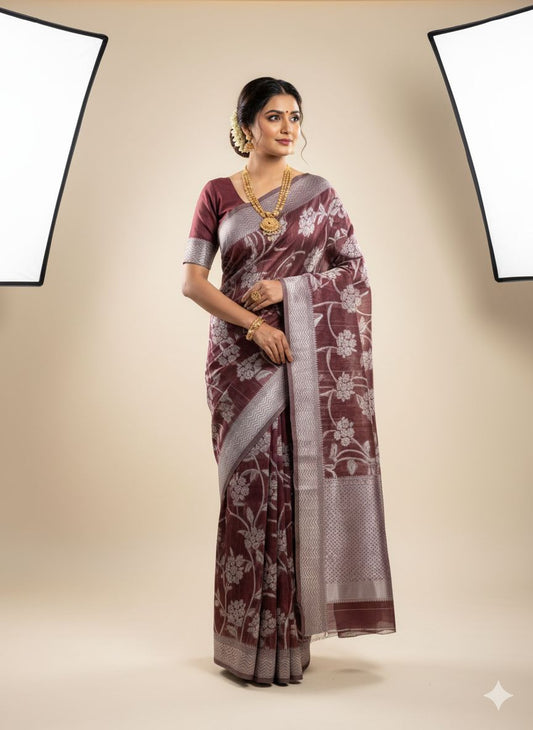 Banarasi Cotton Saree Brown Colour