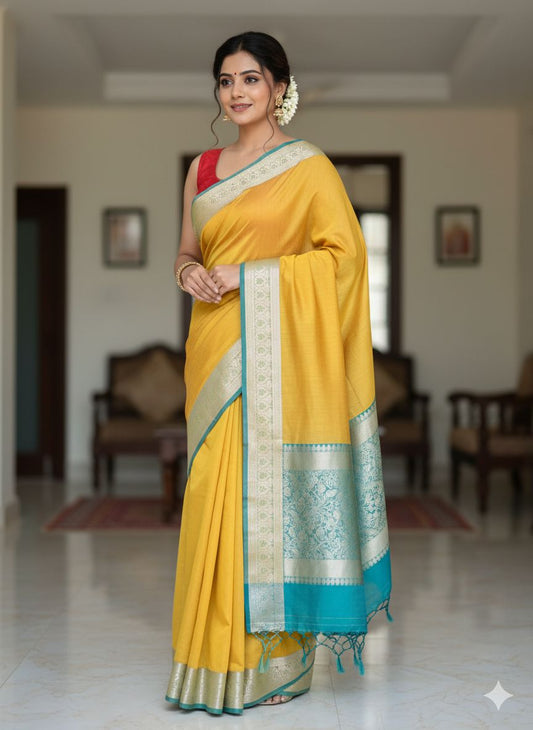 Banarasi Aanchal Border Cotton Saree Yellow Colour