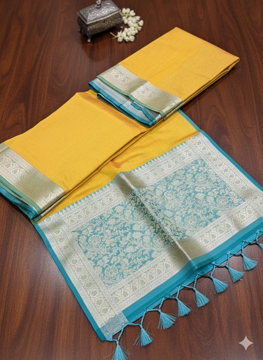 Banarasi Aanchal Border Cotton Saree Yellow Colour