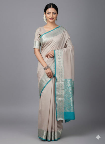 Banarasi Aanchal Border Cotton Saree Off White Colour