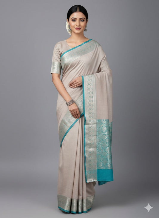 Banarasi Aanchal Border Cotton Saree Off White Colour