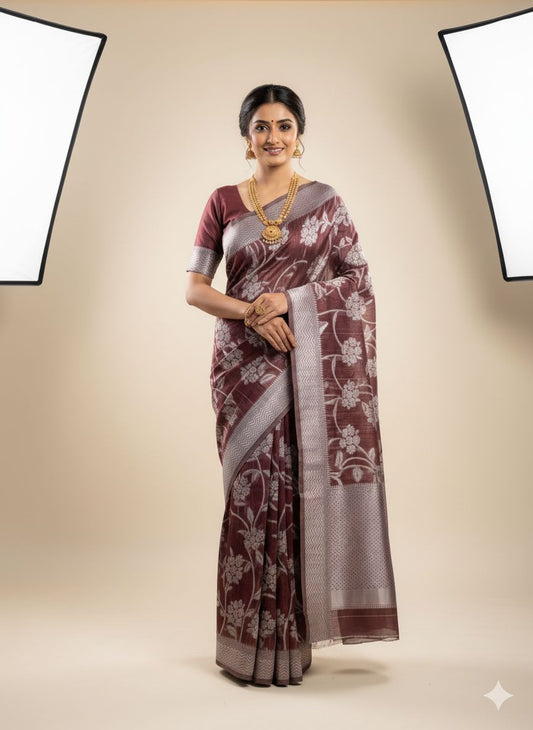 Banarasi Cotton Saree Brown Colour