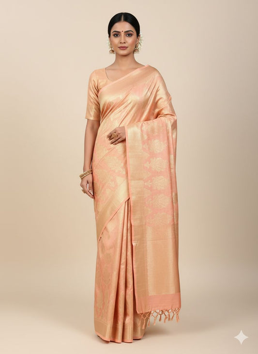 Dibal Tissue Silk Saree Light Coral/Salmon Peach Colour