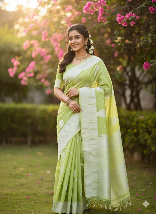 Banarasi Cotton Saree Lime Green Colour