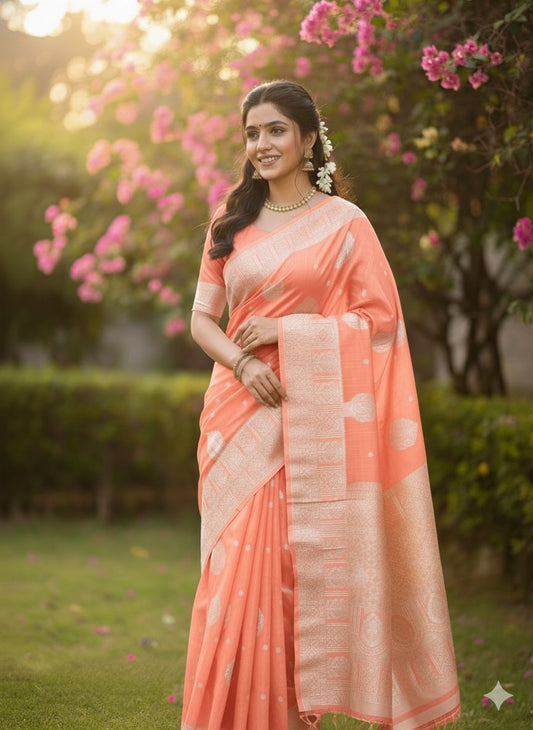 Banarasi Cotton Saree Light Orange Colour