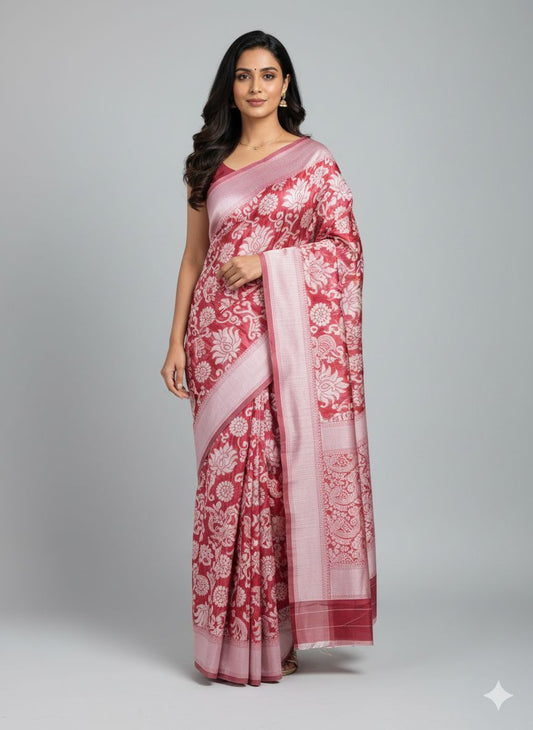 Banarasi Cotton Saree Red Colour