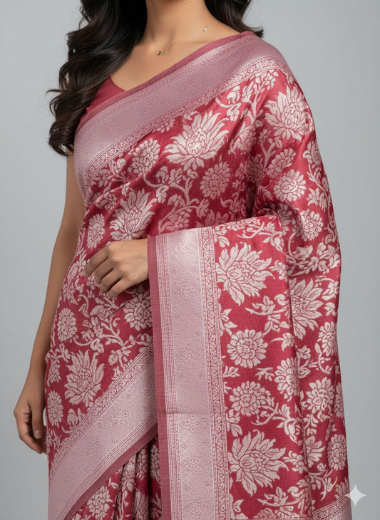 Banarasi Cotton Saree Red Colour