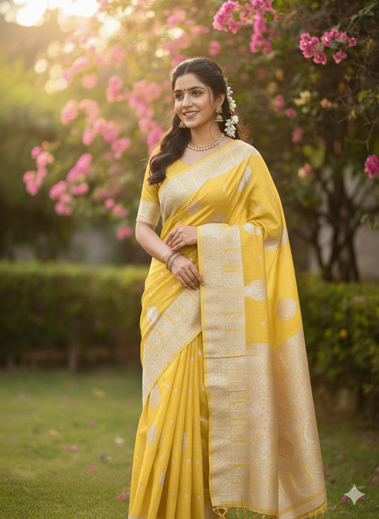 Banarasi Cotton Saree Yellow Colour